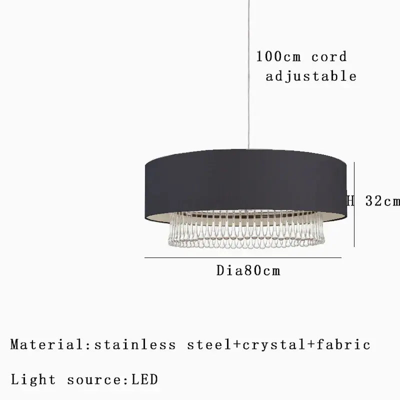 Modern dark gray crystal pendant chandelier with black fabric circular frame and dangling strands for dining room decorbites crystal pendant