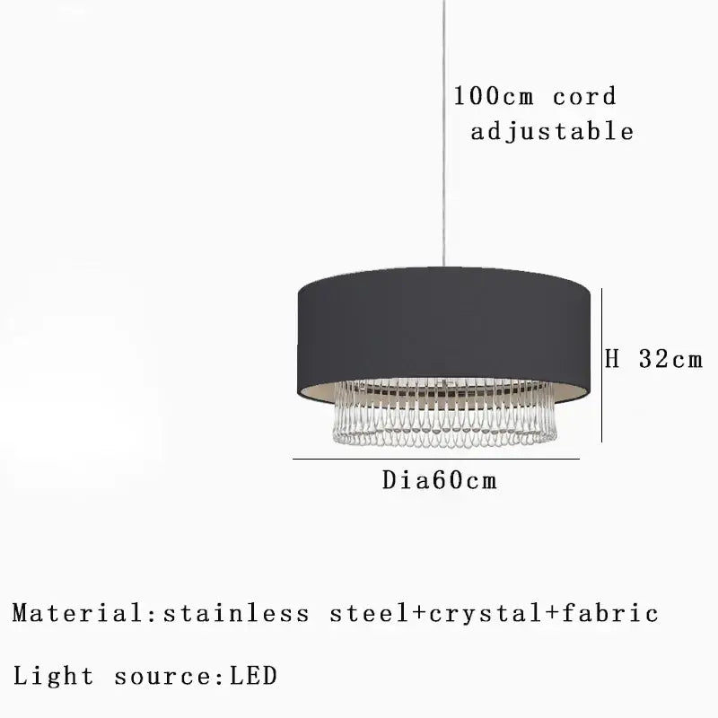 Modern dark gray crystal pendant chandelier with black fabric shade cascading crystal fringe and stainless steel frame decorbites crystal pendant