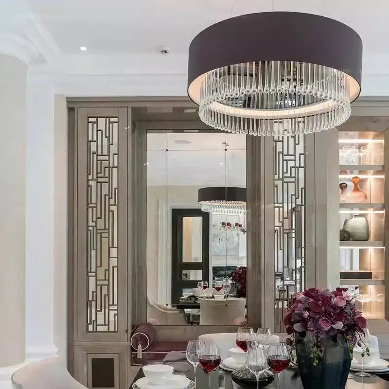 Modern dark gray crystal pendant chandelier with cylindrical shade and cascading droplets for dining room decorbites crystal pendant