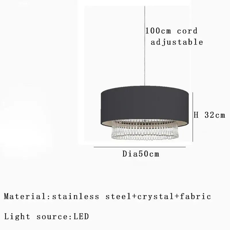 Modern dark gray decorbites crystal pendant chandelier with black fabric shade, cascading crystal fringe, and stainless steel frame