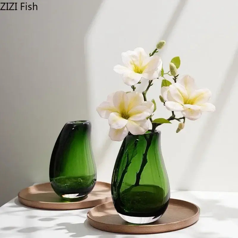 Modern dark gray double glass vase with emerald green sleek teardrop glass vase hydroponic desk decor