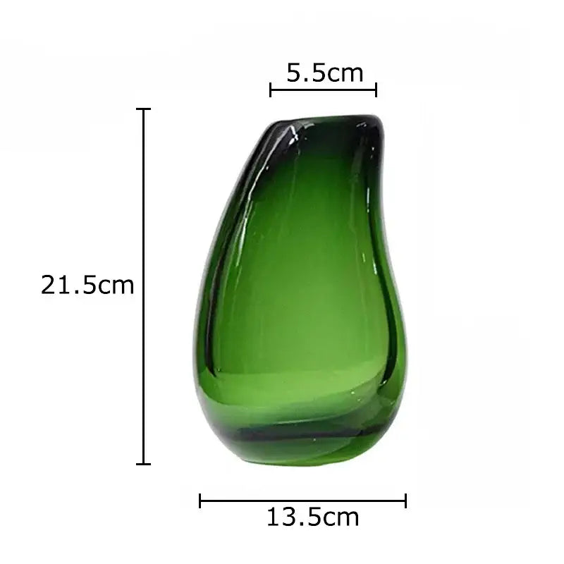 A sleek translucent emerald green glass vase with teardrop shape and gradient shading in modern double glass vase hydroponic decor