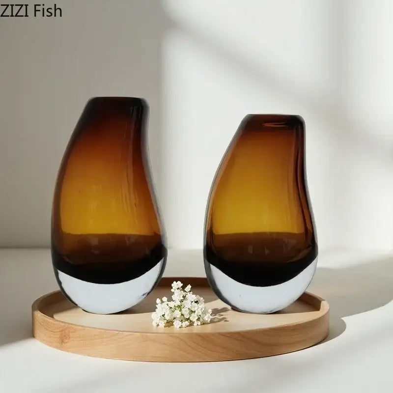 Modern dark gray double glass vase with amber glass and white ceramic bases for glass vase hydroponic decor