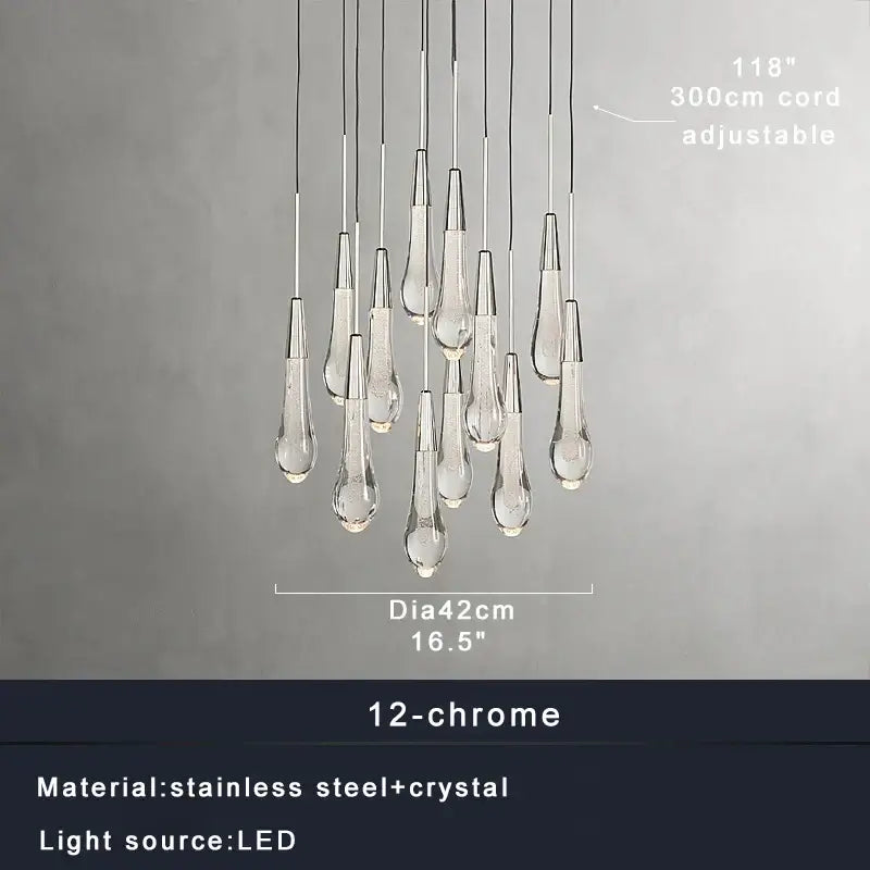 Modern dark metal decorbites crystal ceiling chandelier with 12 teardrop pendants in chrome stainless steel frame