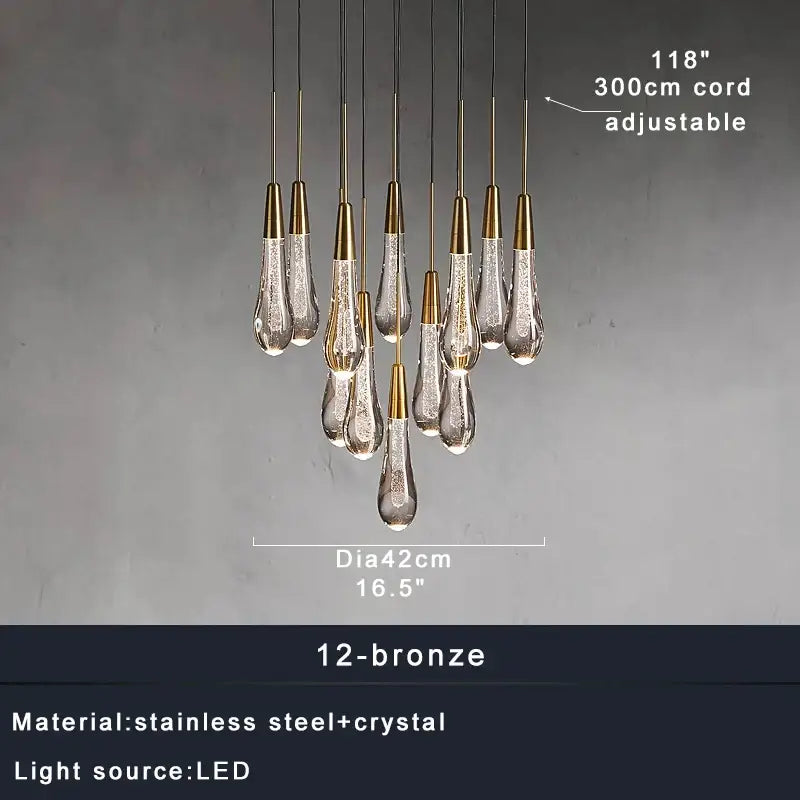 Modern dark metal decorbites crystal water-drop ceiling chandelier with twelve bronze-capped teardrop pendants for dining room