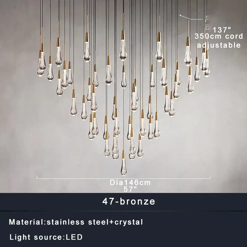 Modern dark metal decorbites crystal water-drop ceiling chandelier with 47 clear crystal pendants and bronze stainless steel arms