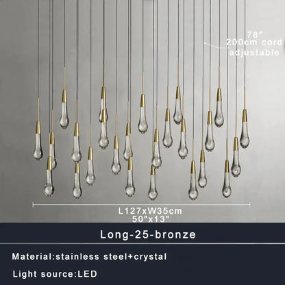 Modern dark metal decorbites crystal water-drop ceiling chandelier with 25 teardrop crystals and adjustable stainless steel wiring