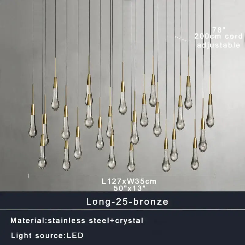 Modern dark metal decorbites crystal water-drop ceiling chandelier with 25 teardrop crystals and adjustable stainless steel wiring