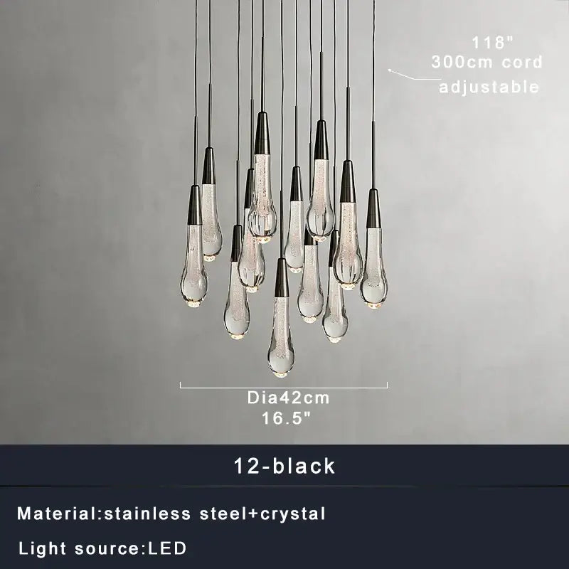 Modern dark metal decorbites crystal water-drop ceiling chandelier with 12 teardrop crystals and adjustable 300cm cord