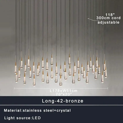 Modern dark metal decorbites crystal water-drop ceiling chandelier with 42 bronze-finished crystal pendants suspended on steel cords