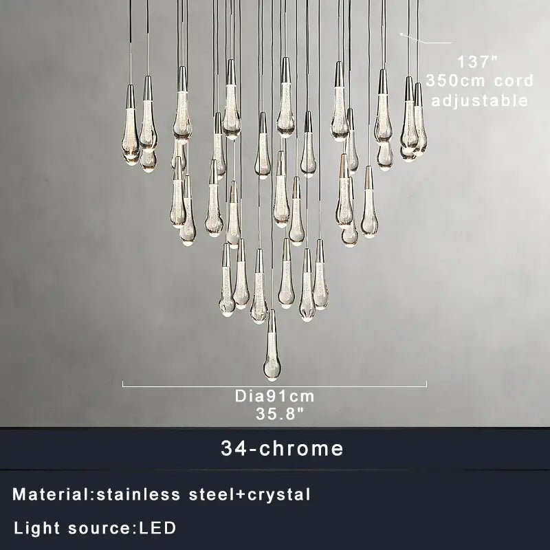 Modern dark metal decorbites crystal ceiling chandelier with 34 chrome teardrop pendants for dining room lighting