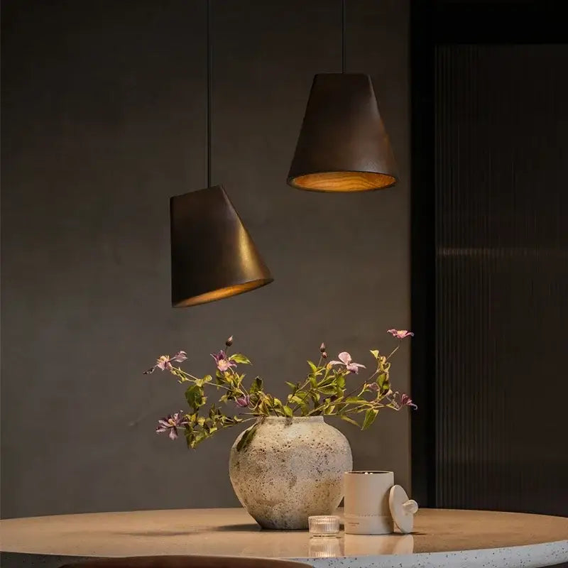 Textured gray ceramic vase with purple flowers complements modern dark decorbites adjustable wooden chandelier pendant light