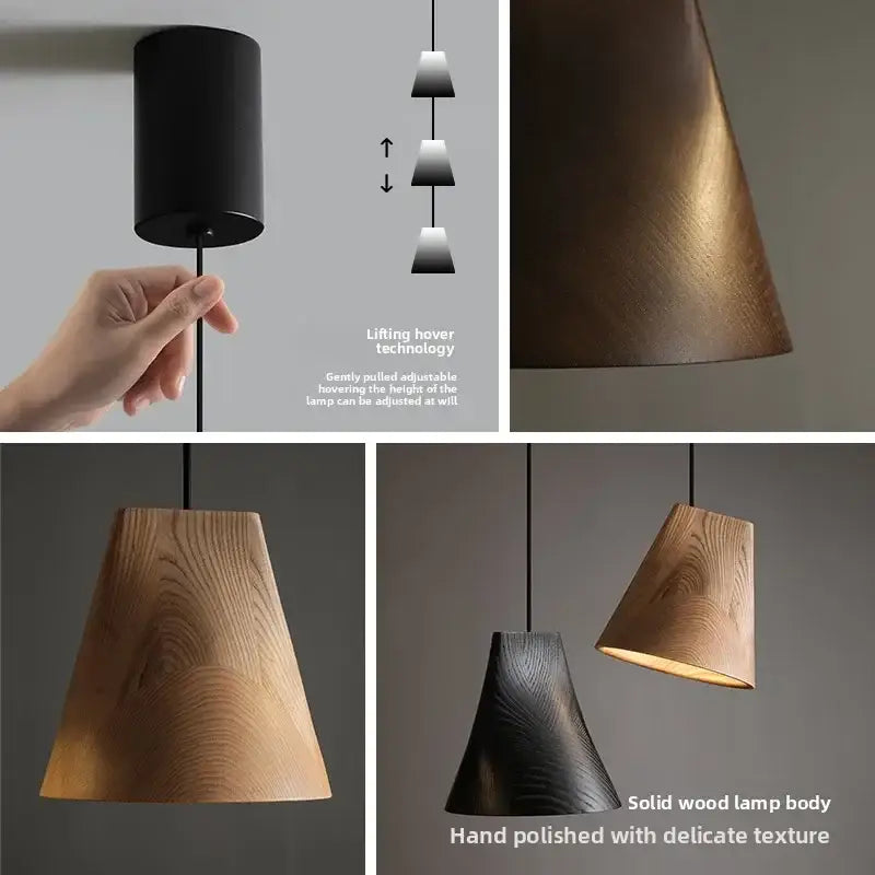 Modern dark and natural adjustable wooden chandelier pendant light with solid wood body in light oak and black finishes for dining room decorbites adjustable wooden chandelier