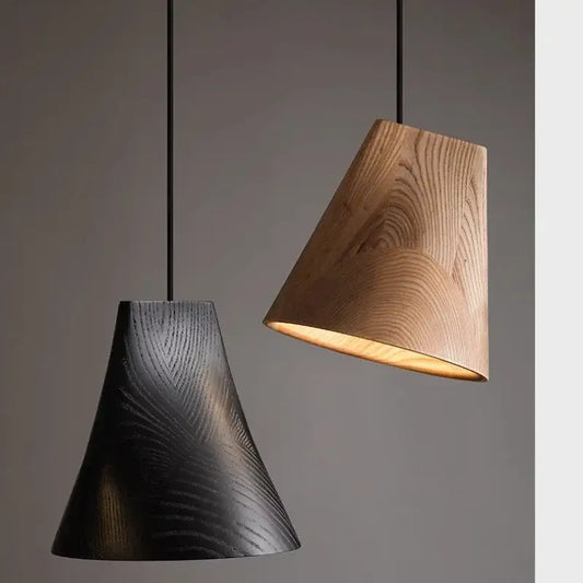 Two modern pendant lights in dark matte and natural wood tones with visible grain for decorbites adjustable wooden chandelier