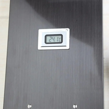 A modern dark nickel shower panel with massage system featuring a sleek digital thermometer displaying 24.1°c