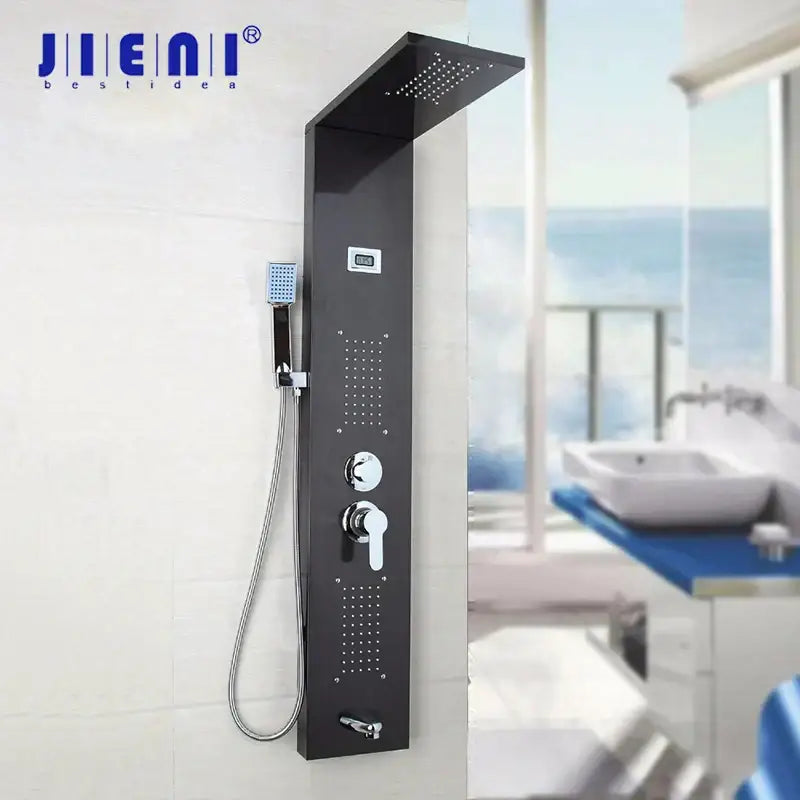 Modern dark nickel shower panel by jiemai with large rainhead, multiple spray settings, and chrome controls decorbites dark nickel