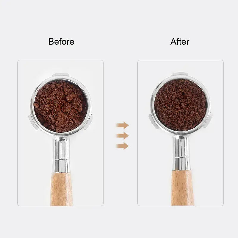 A modern dark wood espresso coffee stirrer needle distributor shown with a portafilter before and after tamping coffee
