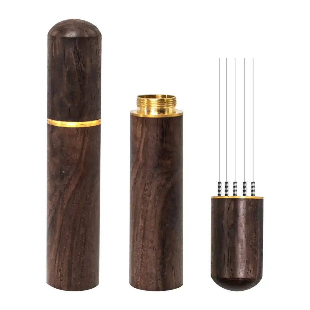 Elegant dark wood espresso coffee stirrer with gold-toned accents designed as a needle distributor for fishing hooks