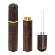 Elegant dark wood espresso coffee stirrer with gold-toned accents designed as a needle distributor for fishing hooks