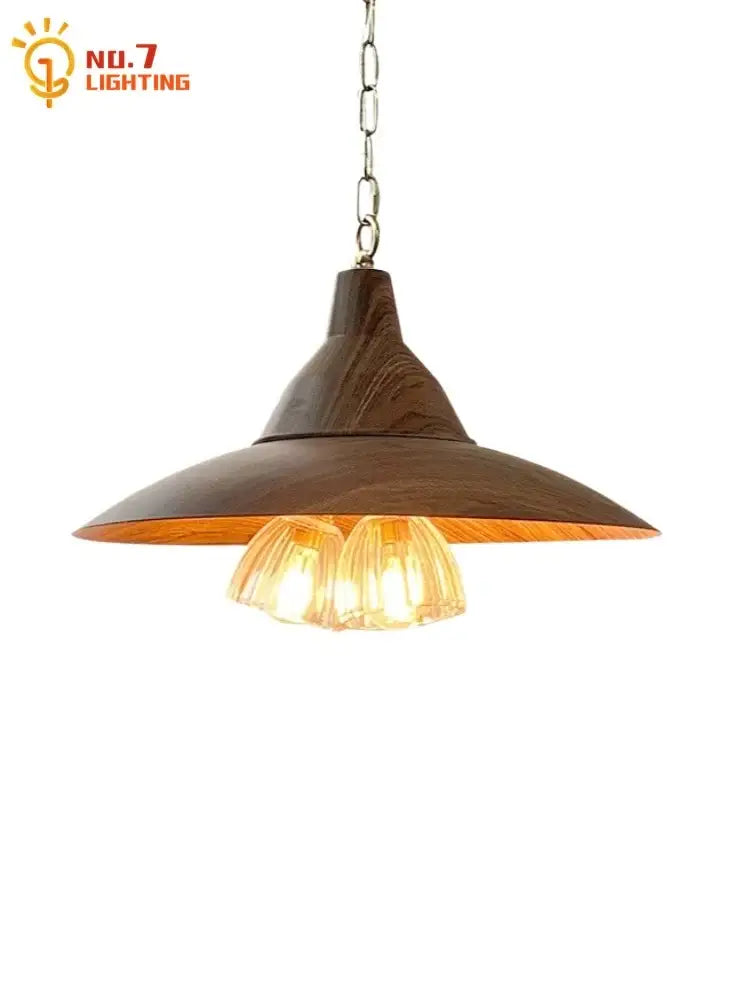 Modern dark wood iron art decor conical pendant light with three exposed filament bulbs for dining room use