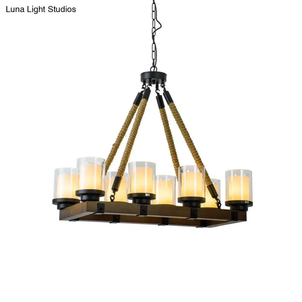 Rustic black metal chandelier with beige rope arms and clear glass holders for dining room white glass shade lighting