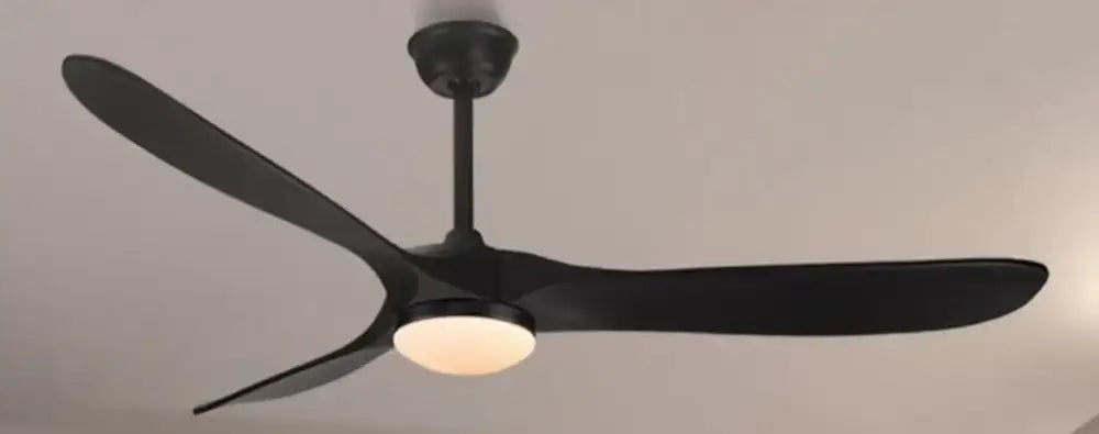 Black modern ceiling fan with sleek large wood blades and central light fixture for living room with remote control