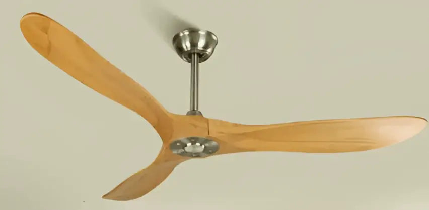 A sleek ceiling fan with large light brown wood blades and a brushed stainless steel hub with remote control