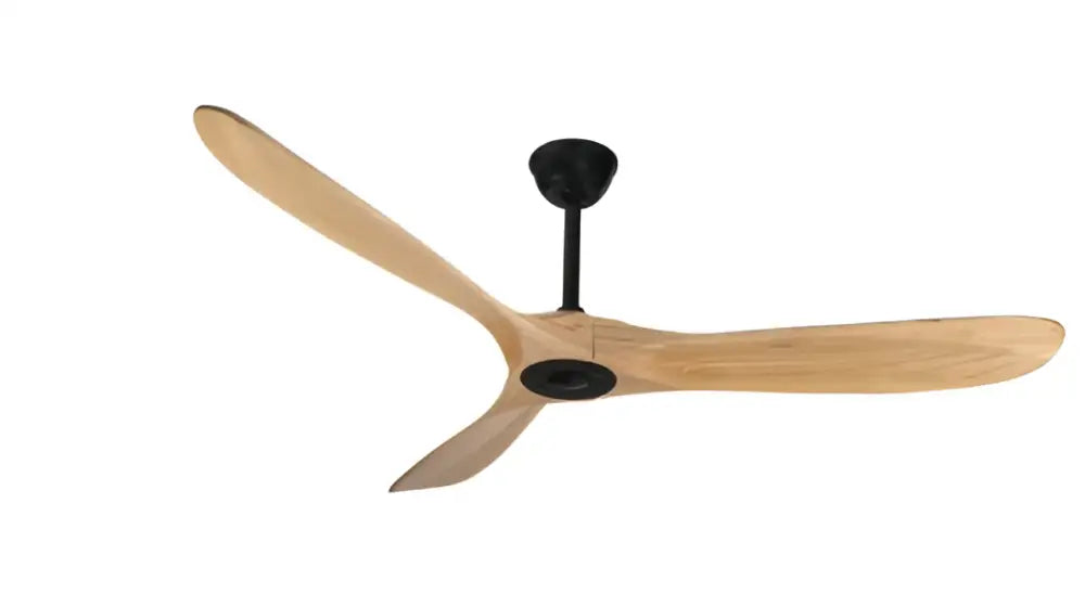 Modern ceiling fan with three light-colored wooden blades and sleek black hub featuring remote control and large wood blade design
