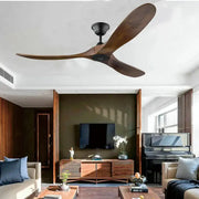 Dark wood large wood blade ceiling fan with sleek modern blades and black hub for living room remote control use