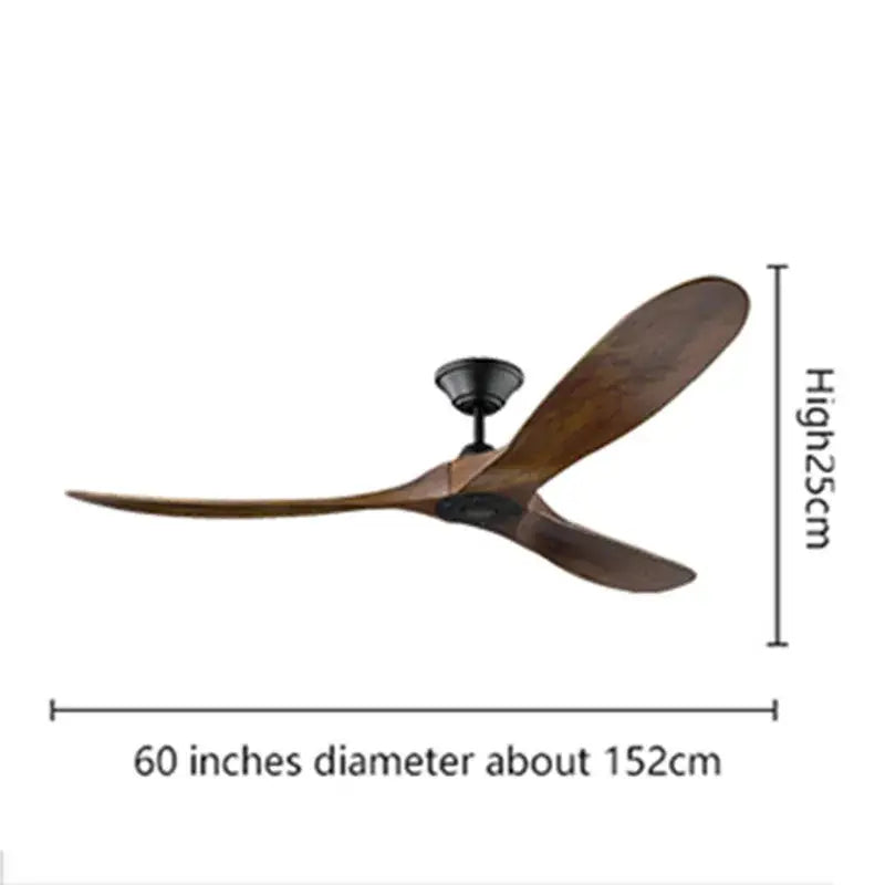 A sleek 60-inch modern ceiling fan with large dark wood blades and matte black hub with remote control