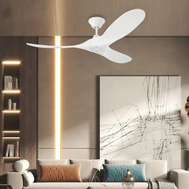 White three-blade ceiling fan with sleek modern design featuring remote control and large wood blade for living room use