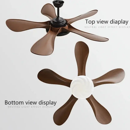 Modern dark wood led ceiling fan with brown wooden blades black hub and white light fixture for living room use