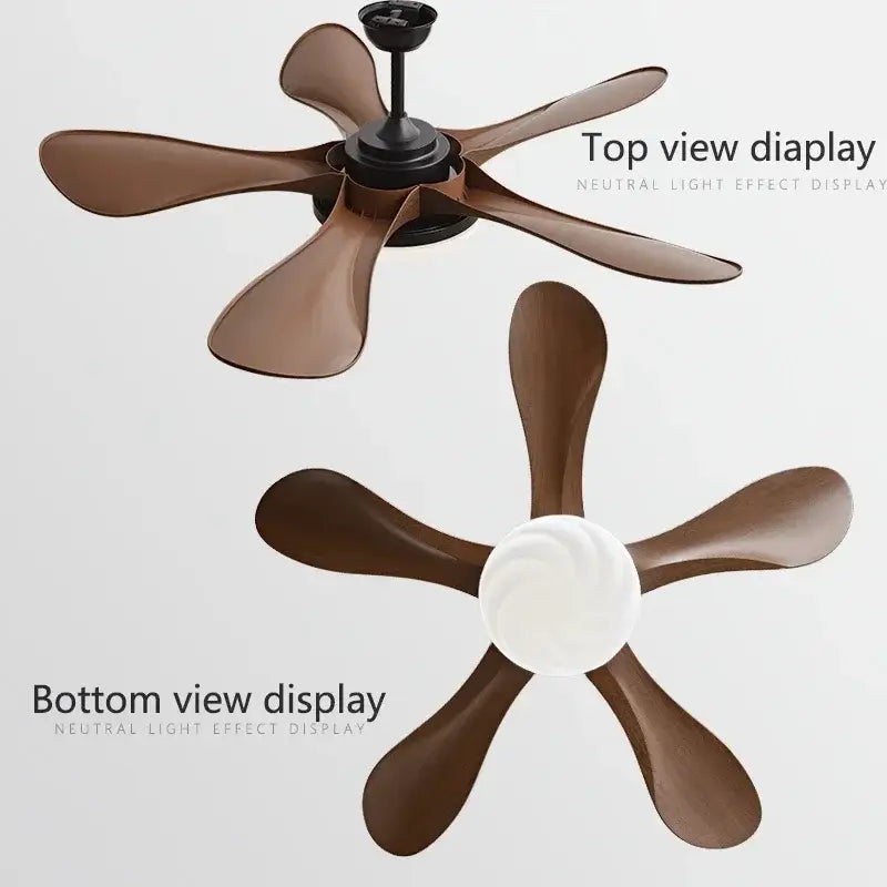 Modern dark wood led ceiling fan with brown wooden blades black hub and white light fixture for living room use