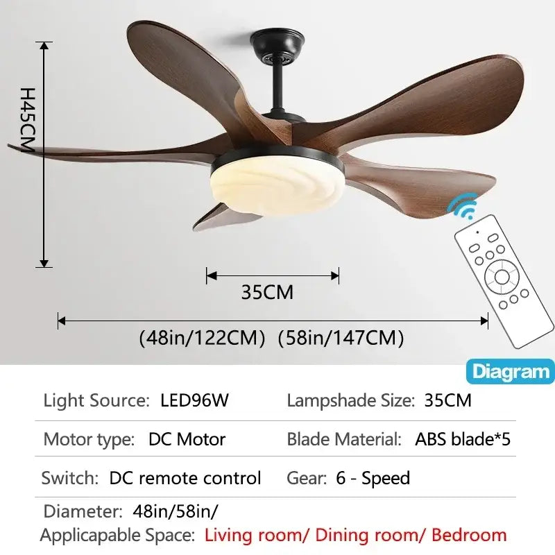 Modern dark wood led ceiling fan with dark brown wooden blades frosted glass light and black metal housing for living room