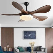 Modern led ceiling fan with five dark wood blades and warm-toned circular light fixture for living room use