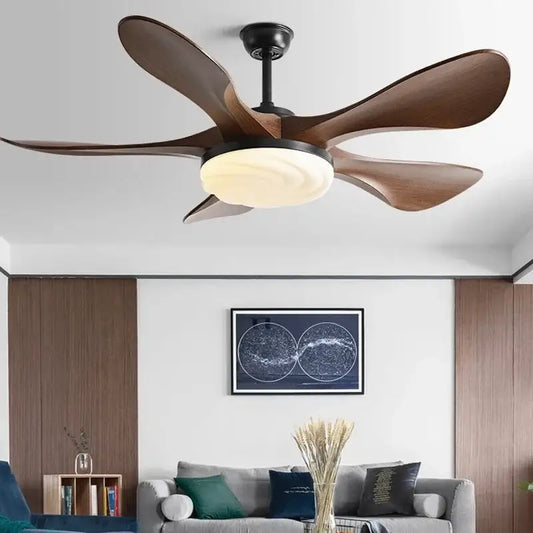 Modern led ceiling fan with five dark wood blades and warm-toned circular light fixture for living room use