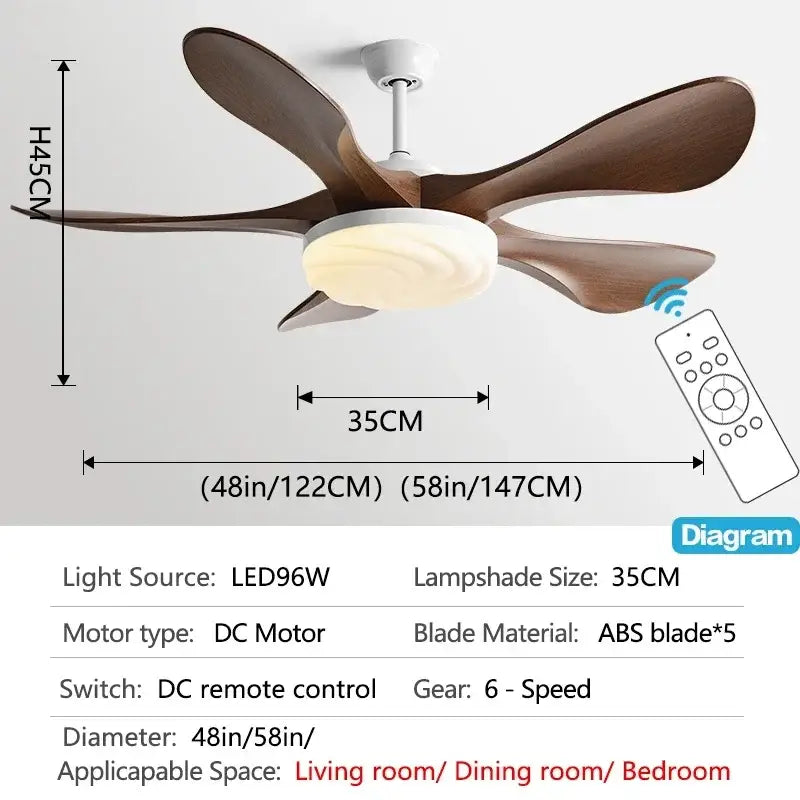 Modern dark wood led ceiling fan with five dark brown abs blades and white central light fixture for living room