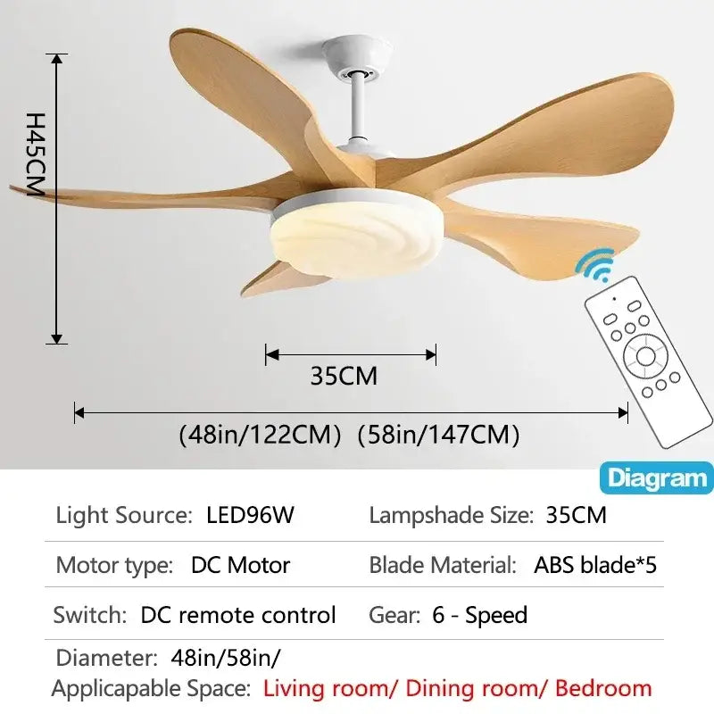 Modern led ceiling fan with five light wood blades and white housing featuring integrated led lamp for living room use