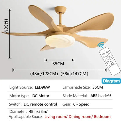 Modern dark wood led ceiling fan with five natural wood-colored abs blades and frosted glass lampshade for living room