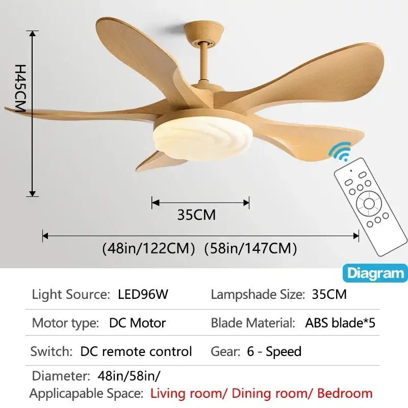 Modern dark wood led ceiling fan with five natural wood-colored abs blades and frosted glass lampshade for living room