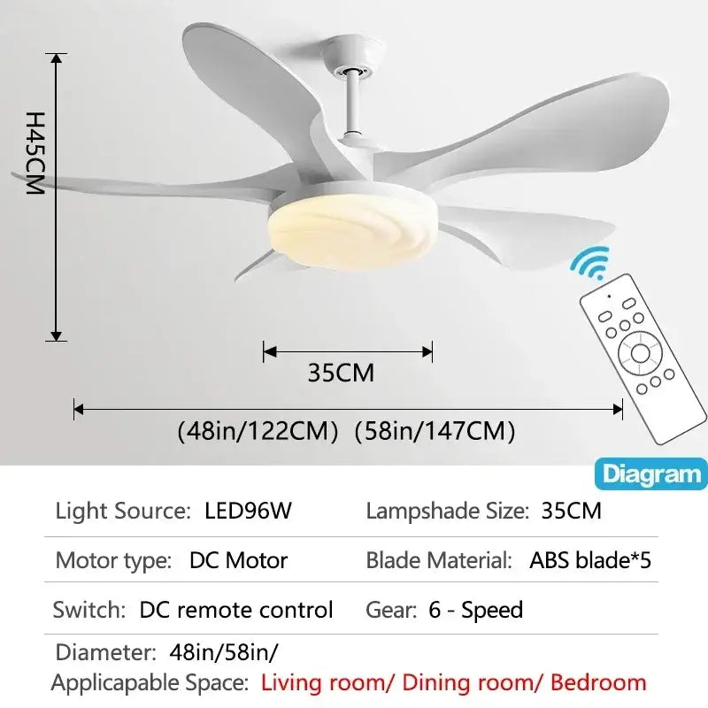 White ceiling fan with five ABS blades and circular LED light fixture for modern led ceiling fan in living room