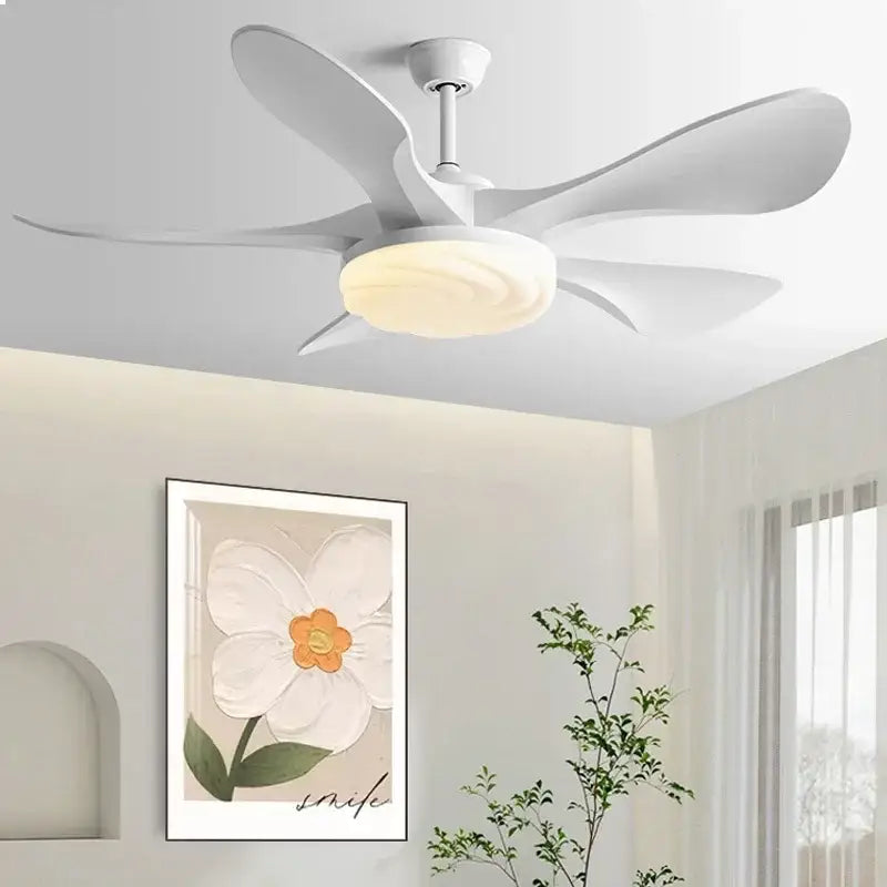 White ceiling fan with integrated led light fixture for modern led ceiling fan use in living room lighting