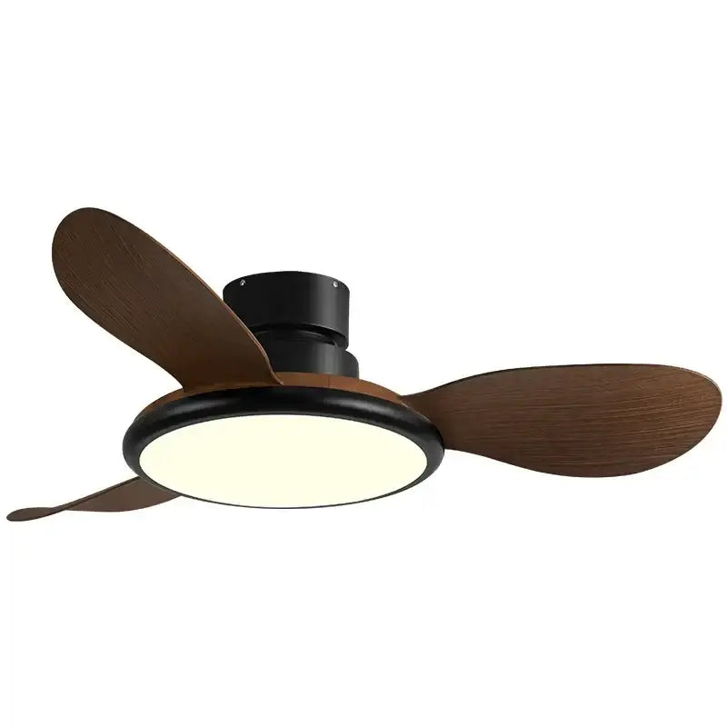 Modern dark wood led ceiling fan with black blades and integrated circular led ceiling light for living room use