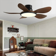 Modern dark wood led ceiling fan with five blades and integrated circular light for living room with remote control