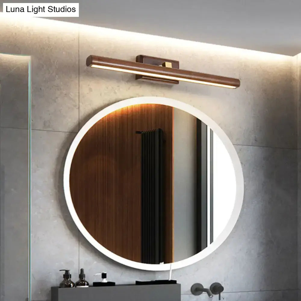 Modern dark wood linear wall sconce bathroom vanity light with wooden slat design and sleek minimalist linear wall style