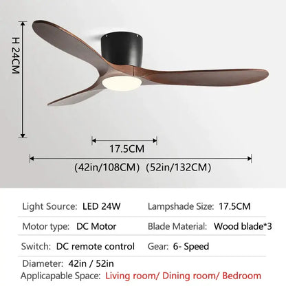 Modern dark wood ceiling fan with three blades black motor housing integrated led light and remote control low floor fan design