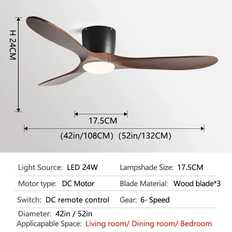 Modern dark wood ceiling fan with three blades black motor housing integrated led light and remote control low floor fan design