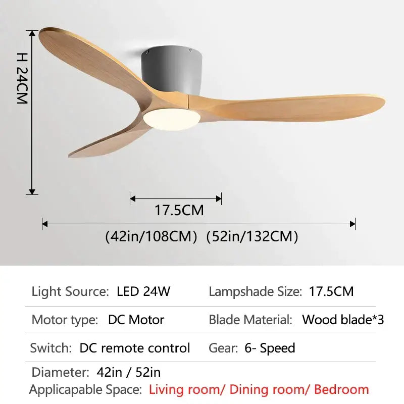 Modern dark wood remote control ceiling fan with three light wood blades and integrated led lamp for low floor use