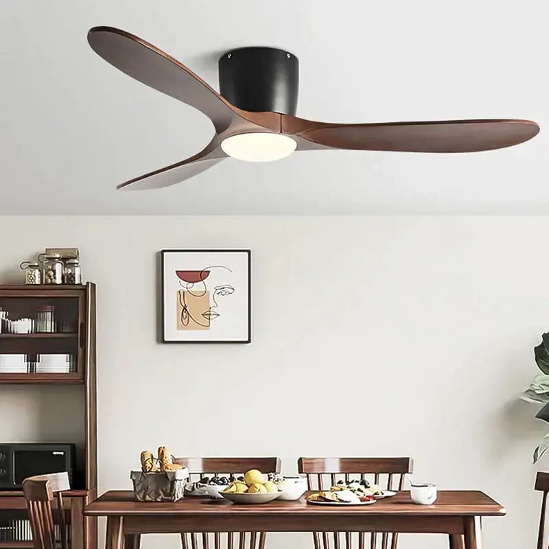 Modern dark wood ceiling fan with three blades and integrated light remote control low floor fan for bedroom use