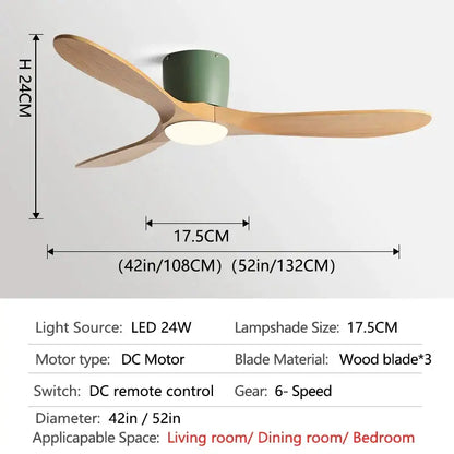 Modern ceiling fan with three light wood blades and matte green housing featuring integrated led lamp and remote control